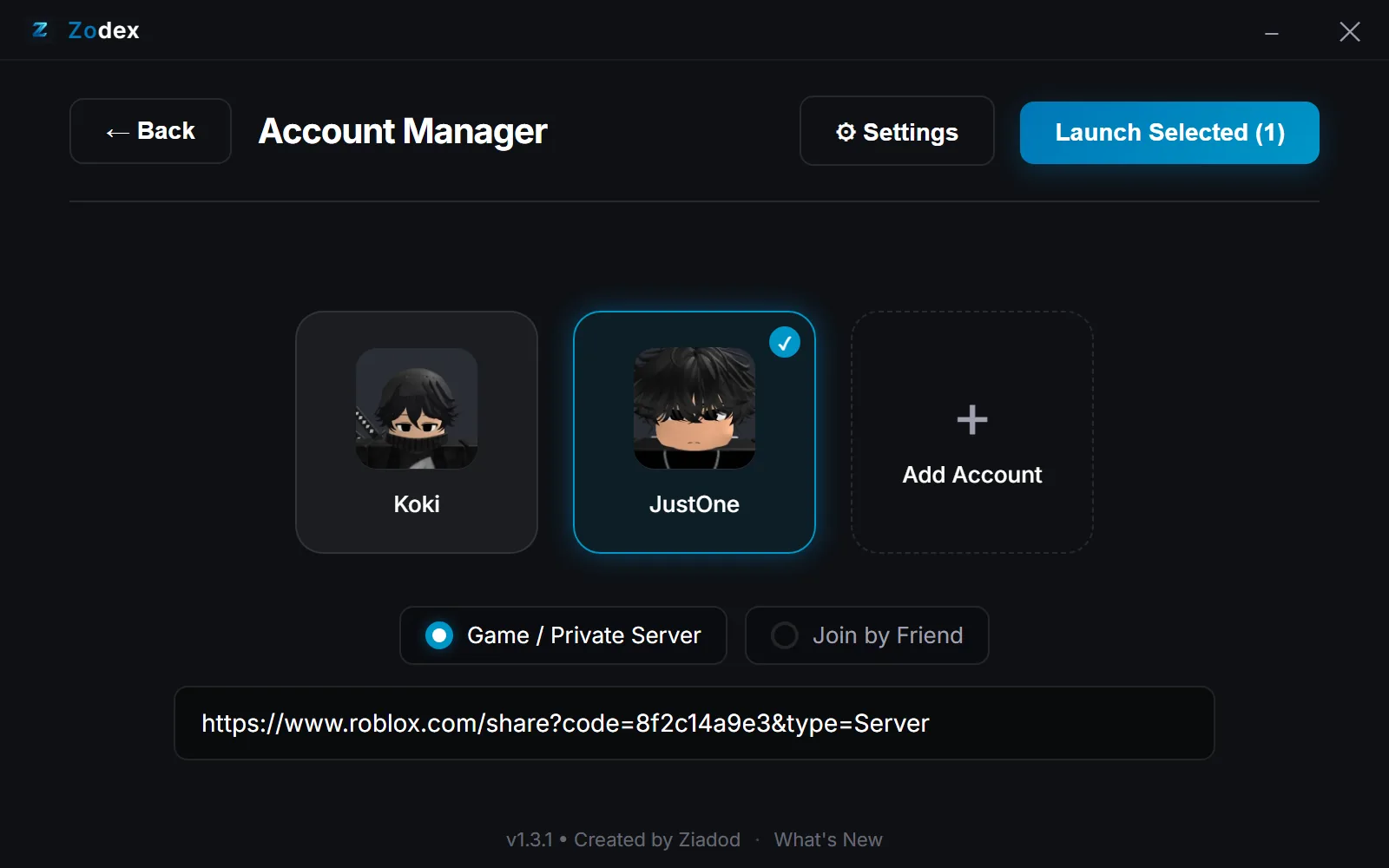 Zodex Account Manager with saved Roblox accounts and one selected, ready to launch