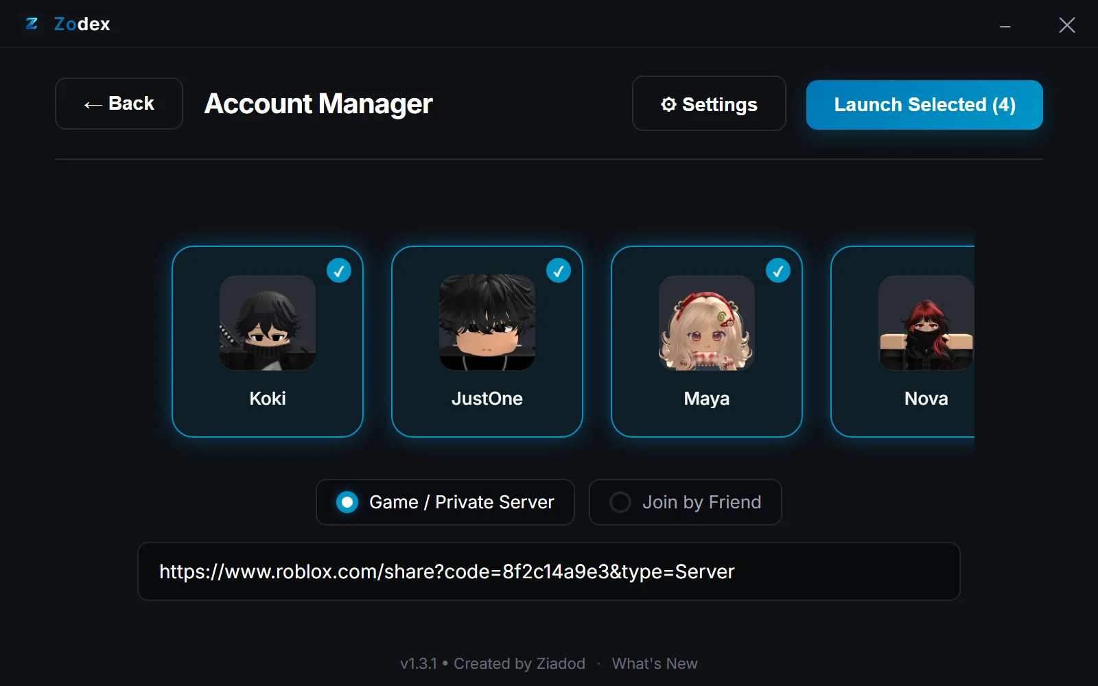 Zodex Account Manager with four Roblox accounts selected for a simultaneous launch