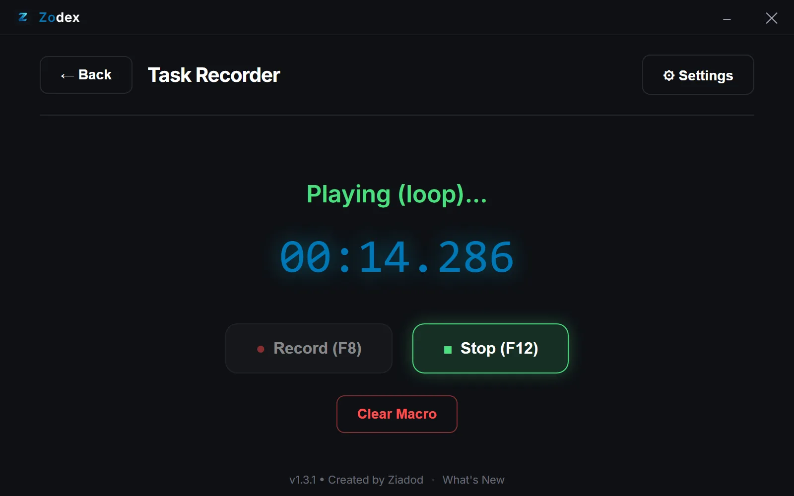 Zodex Task Recorder replaying a recorded task on loop