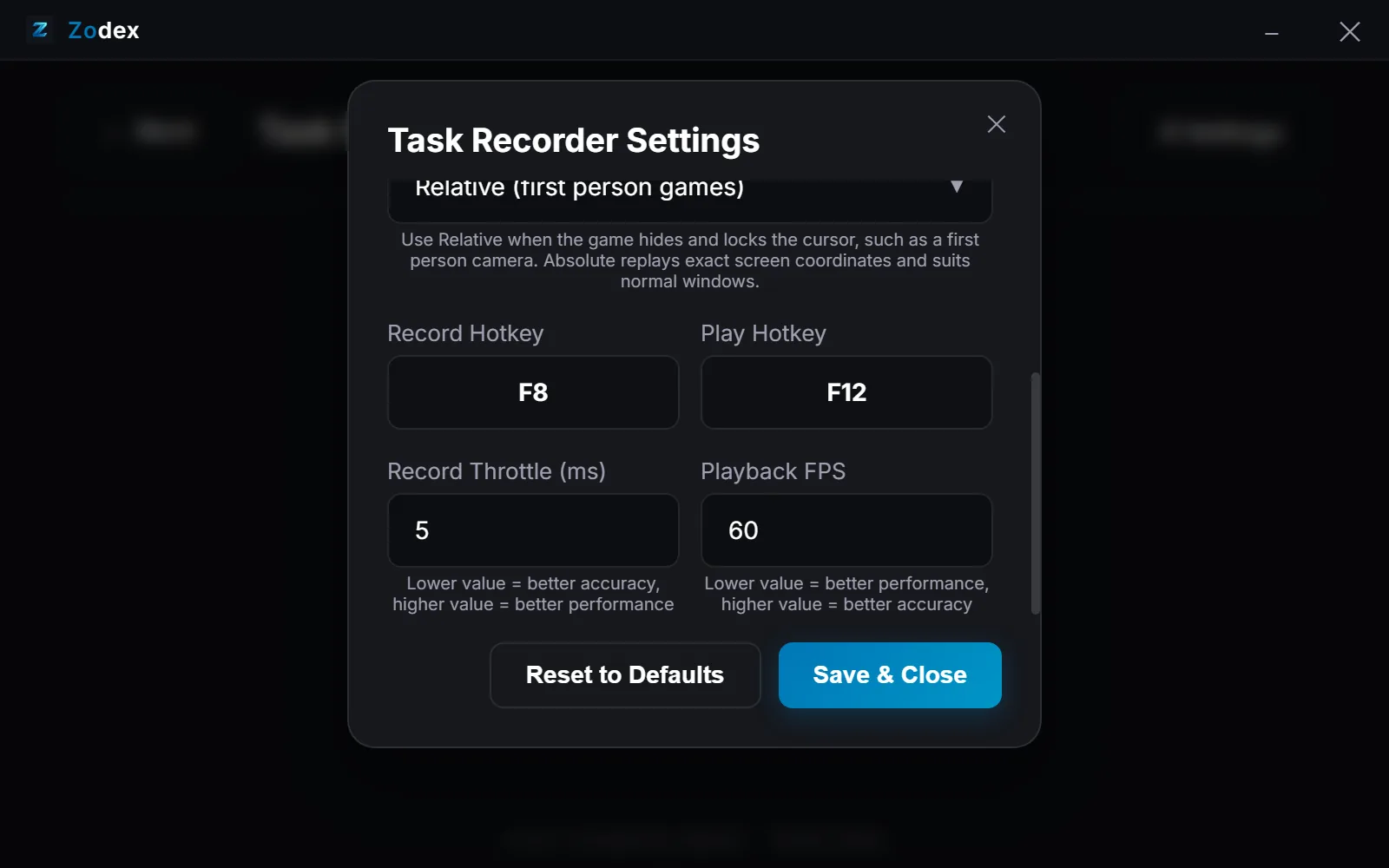 Zodex Task Recorder settings: mouse playback mode, F8 and F12 hotkeys, record throttle and playback FPS