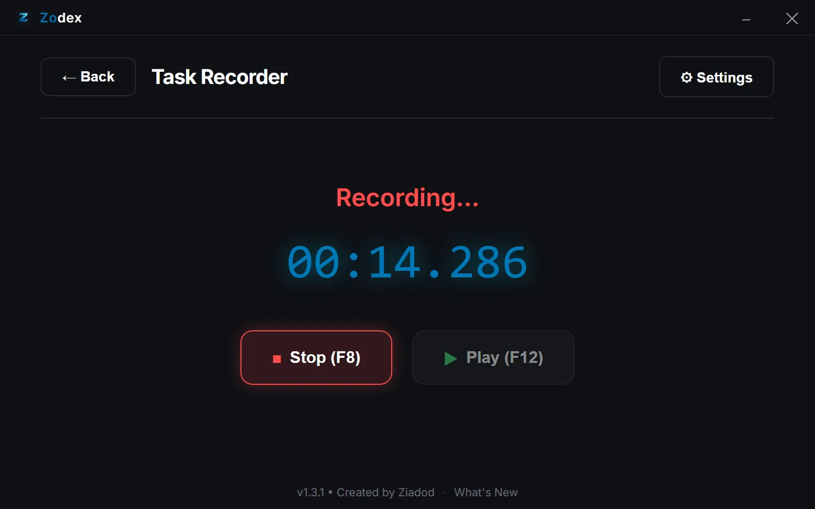 Zodex Task Recorder capturing a task with a running timer