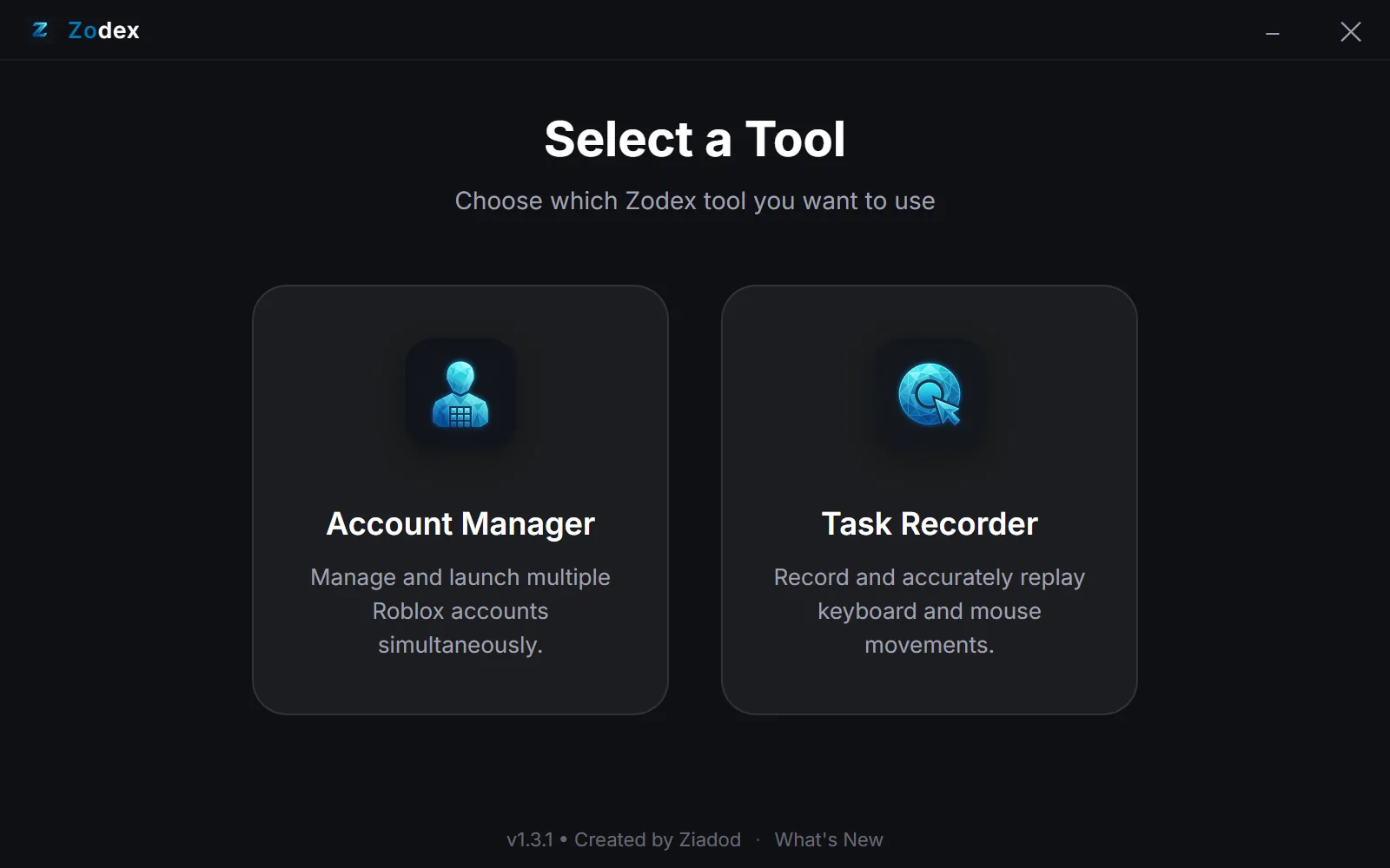 The Zodex launcher showing the Account Manager and Task Recorder tools side by side