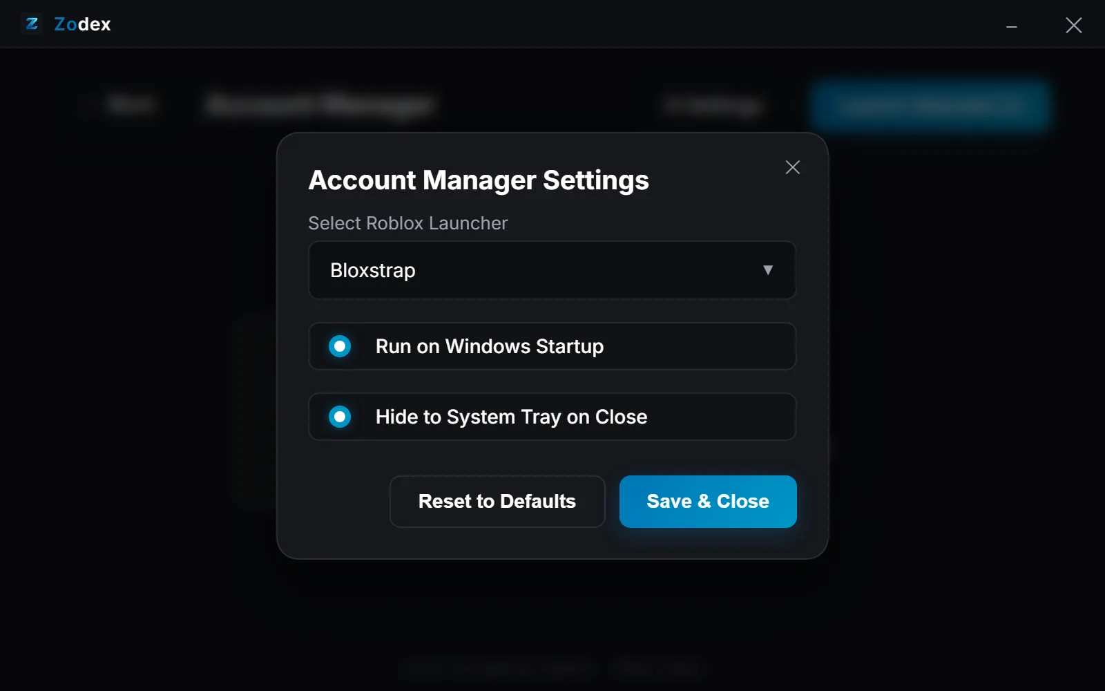 Zodex Account Manager settings: launcher selection, run on Windows startup, and hide to system tray